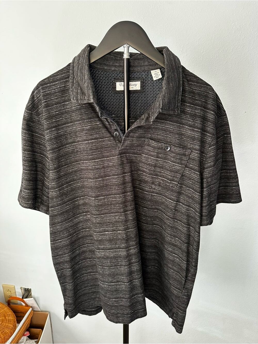 English Laundry Men's Charcoal Gray Striped Short Sleeve Polo Shirt - XL